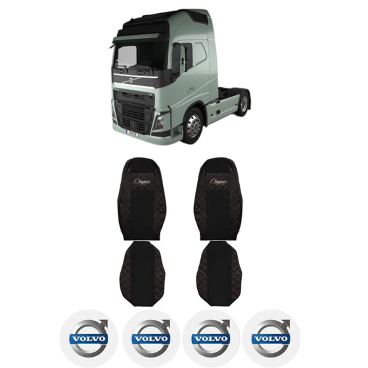 Set Huse Scaune Camion Tir VOLVO FH II din 2012-2017, Auto, Model ELEGANCE Q, Culoare Negru, 4x Stickere auto cu VOLVO