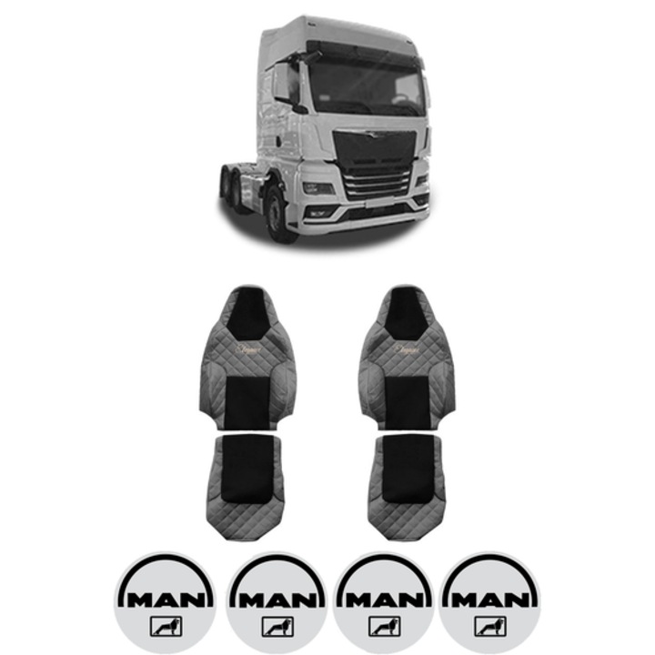 Set Huse Scaune Camion Tir MAN TGX II din 2020, Auto, Model ELEGANCE Q, Culoare Gri, 4x Stickere auto cu MAN
