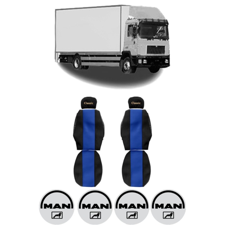 Set Huse Scaune Camion Tir MAN F2000 din 1994-2005, Auto, Model CLASSIC, Culoare Albastru, 4x Stickere auto cu MAN