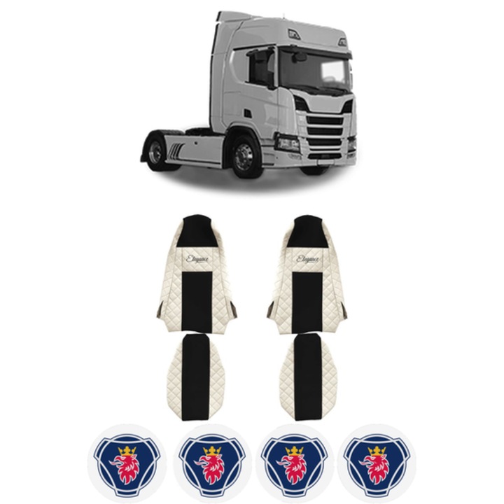 Set Huse Scaune Camion Tir SCANIA R II din 2016-2024, Auto, Model ELEGANCE Q, Culoare Bej, 4x Stickere auto cu SCANIA