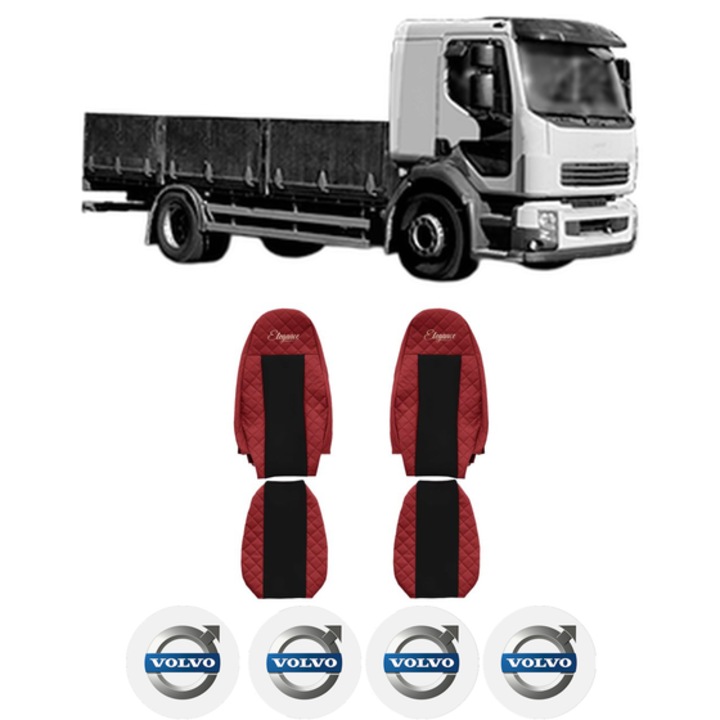 Set Huse Scaune Camion Tir VOLVO FL II din 2006-2009, Auto, Model ELEGANCE Q, Culoare Rosu, 4x Stickere auto cu VOLVO