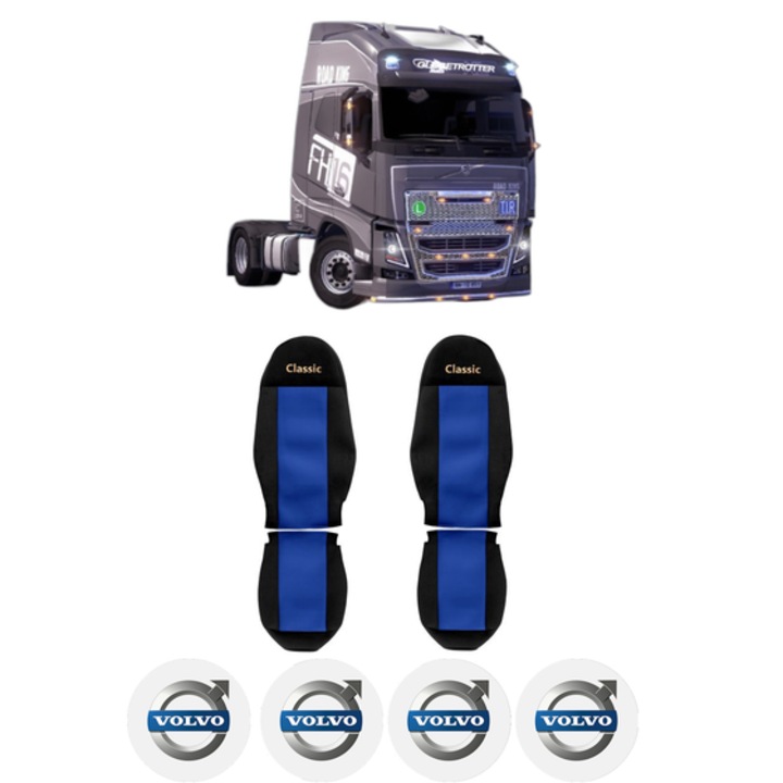 Set Huse Scaune Camion Tir VOLVO FH16 II din 2012-2014, Auto, Model CLASSIC, Culoare Albastru, 4x Stickere auto cu VOLVO