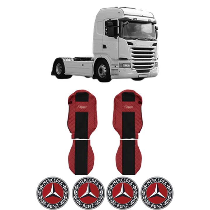 Set Huse Scaune Camion Tir MERCEDES-BENZ G I din 2003-2019, Auto, Model ELEGANCE Q, Culoare Rosu, 4x Stickere auto cu MERCEDES-BENZ