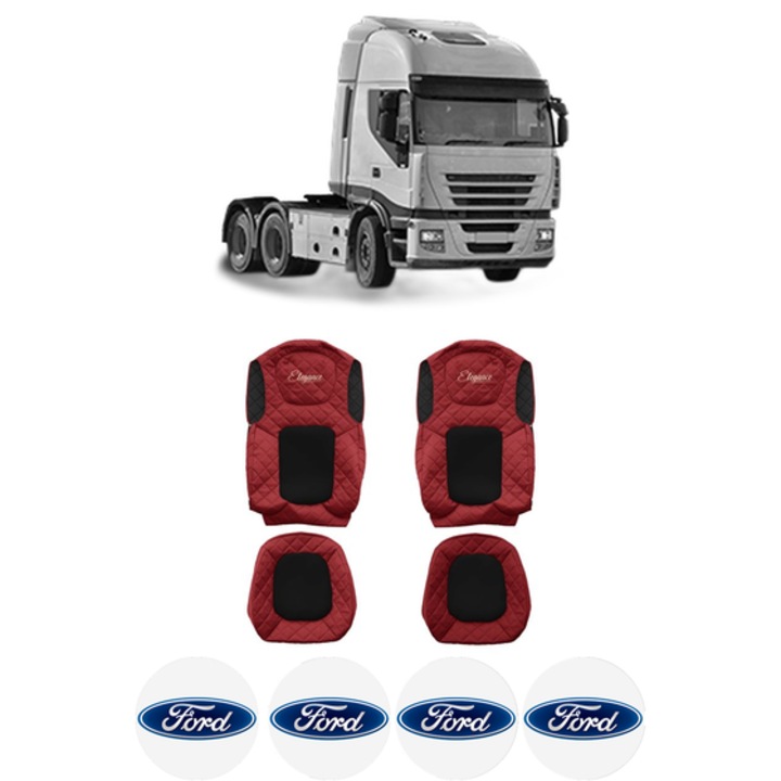 Set Huse Scaune Camion Tir FORD STRALIS II din 2012-2017, Auto, Model ELEGANCE Q, Culoare Rosu, 4x Stickere auto cu FORD