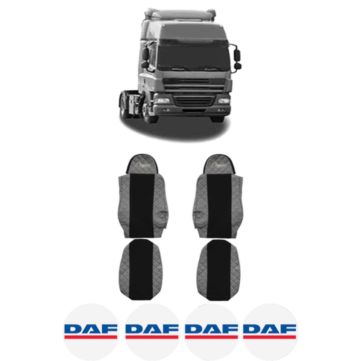 Set Huse Scaune Camion Tir DAF CF 85 din 2001-2020, Auto, Model ELEGANCE Q, Culoare Gri, 4x Stickere auto cu DAF