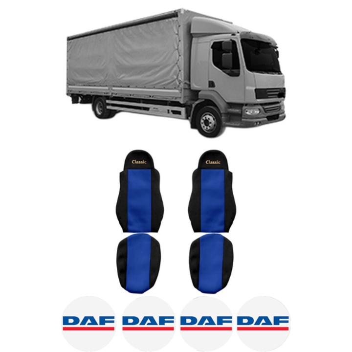 Set Huse Scaune Camion Tir DAF LF 55 din 2001-2009, Auto, Model CLASSIC, Culoare Albastru, 4x Stickere auto cu DAF
