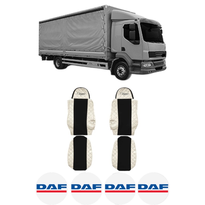 Set Huse Scaune Camion Tir DAF LF 55 din 2001-2009, Auto, Model ELEGANCE Q, Culoare Bej, 4x Stickere auto cu DAF