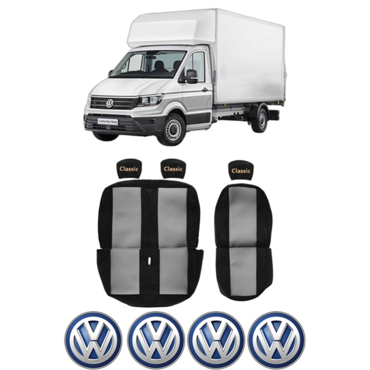 Set Huse Scaune Camion Tir VW TRANSPORTER T6 Van (SGA, SGH, SHA, SHH) din 2015-2024, Auto, Model CLASSIC, Culoare Rosu, 4x Stickere auto cu VW