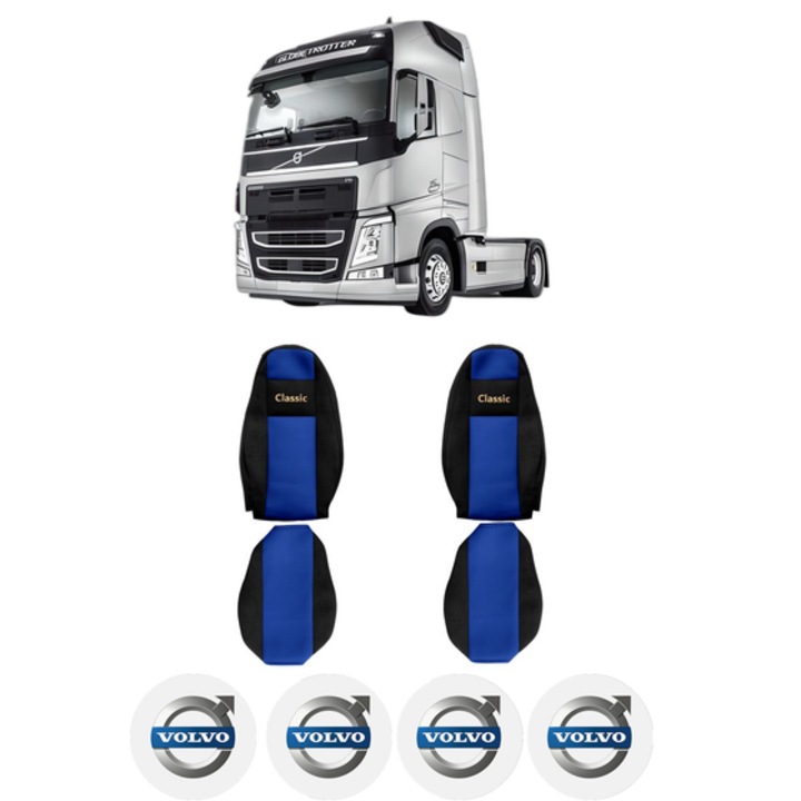 Set Huse Scaune Camion Tir VOLVO FM II din 2012-2017, Auto, Model CLASSIC, Culoare Albastru, 4x Stickere auto cu VOLVO