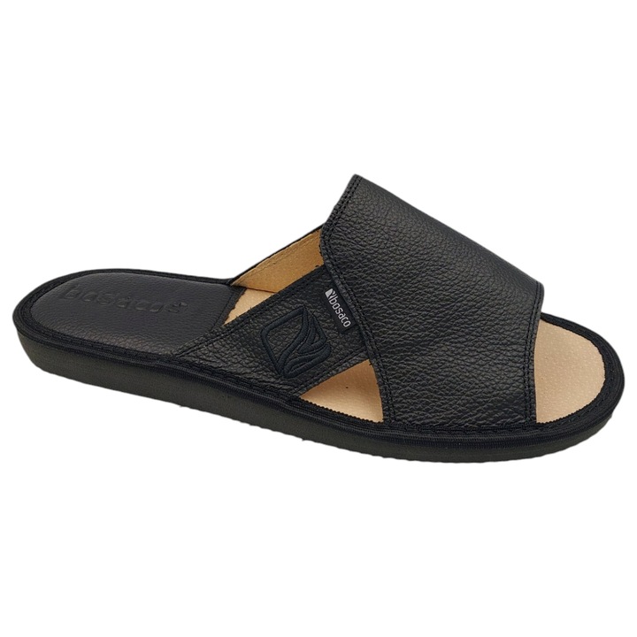 Papuci de casa din piele pentru barbati, negri, lati, Bosaco, Negru