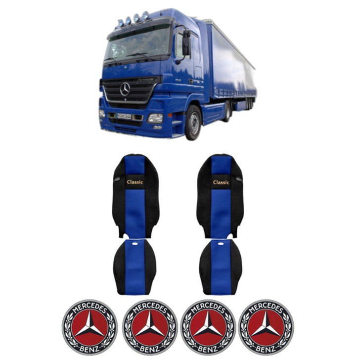 Set Huse Scaune Camion Tir MERCEDES-BENZ ACTROS MP2 / MP3 din 2002-2009, Auto, Model CLASSIC, Culoare Albastru, 4x Stickere auto cu MERCEDES-BENZ