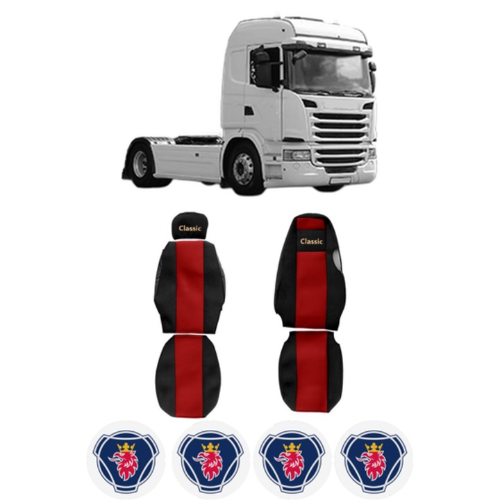 Set Huse Scaune Camion Tir SCANIA G I din 2003-2019, Auto, Model CLASSIC, Culoare Rosu, 4x Stickere auto cu SCANIA