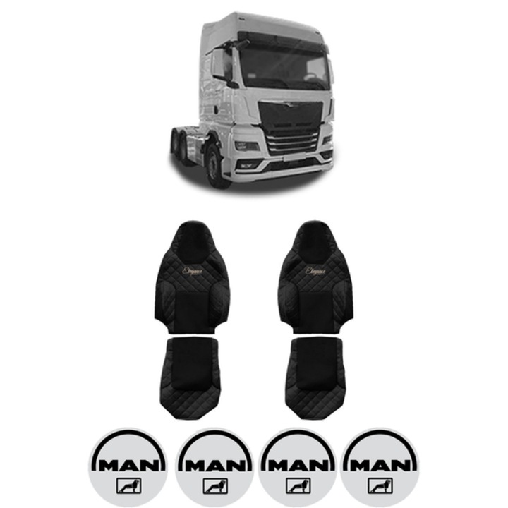 Set Huse Scaune Camion Tir MAN TGX II din 2020, Auto, Model ELEGANCE Q, Culoare Negru, 4x Stickere auto cu MAN