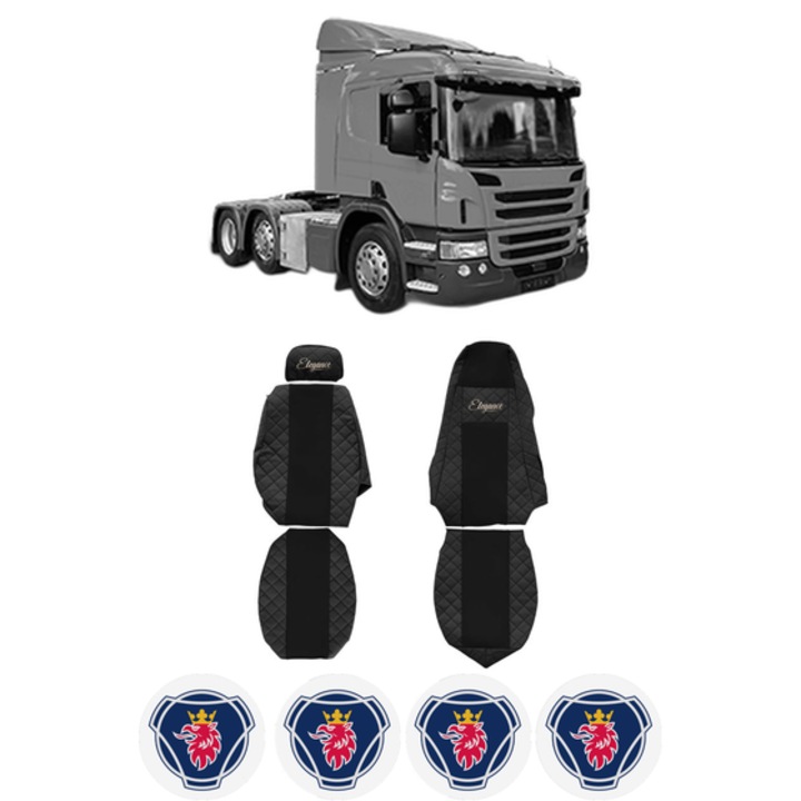Set Huse Scaune Camion Tir SCANIA P I din 2003-2019, Auto, Model ELEGANCE Q, Culoare Negru/Rosu, 4x Stickere auto cu SCANIA