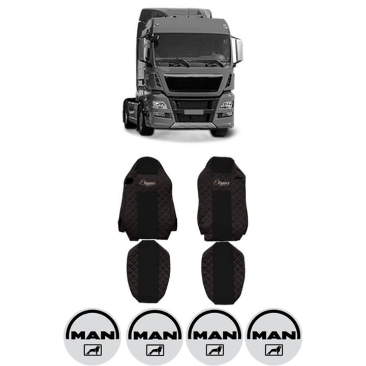Set Huse Scaune Camion Tir MAN TGX I din 2006-2021, Auto, Model ELEGANCE Q, Culoare Negru/Rosu, 4x Stickere auto cu MAN