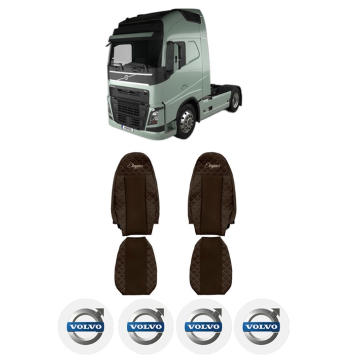 Set Huse Scaune Camion Tir VOLVO FH II din 2012-2017, Auto, Model ELEGANCE Q, Culoare Maro, 4x Stickere auto cu VOLVO