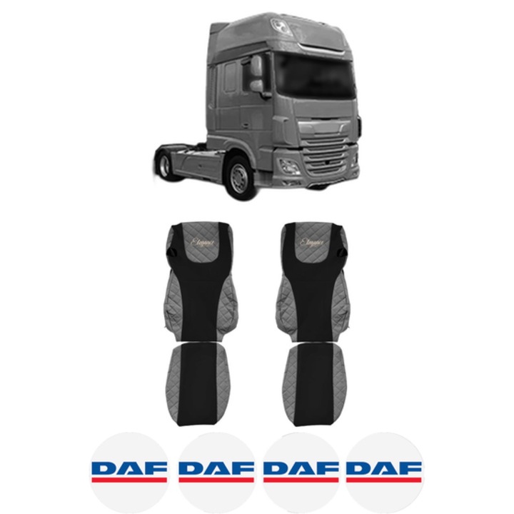 Set Huse Scaune Camion Tir DAF XF 106 din 2012-2017, Auto, Model ELEGANCE Q, Culoare Gri, 4x Stickere auto cu DAF