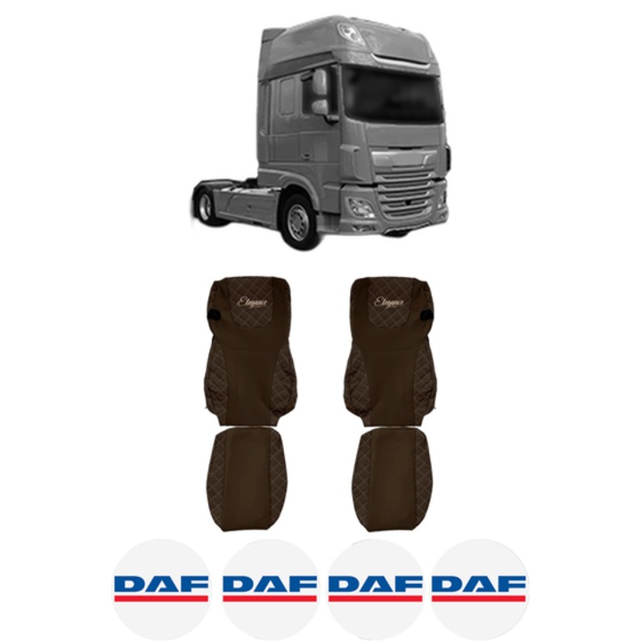 Set Huse Scaune Camion Tir DAF XF 106 din 2012-2017, Auto, Model ELEGANCE Q, Culoare Maro, 4x Stickere auto cu DAF