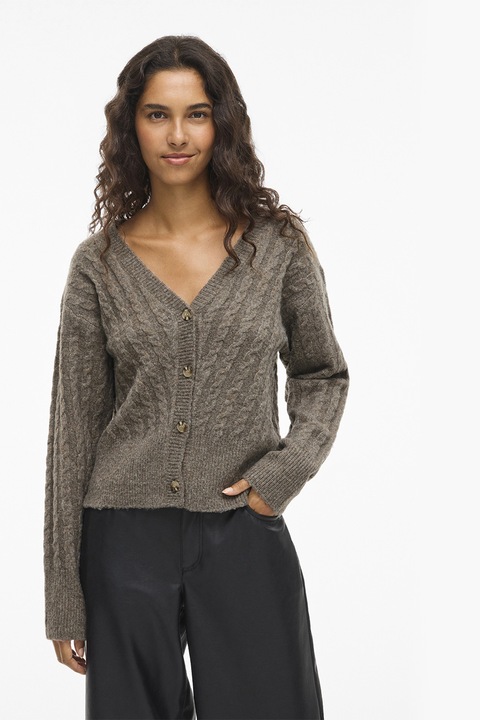 Vila, Cardigan cu decolteu in V si torsade, Kaki