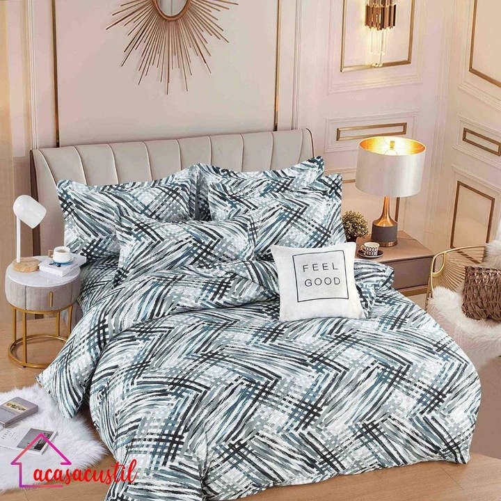 Lenjerie de pat din finet, 6 piese, model abstract geometric, cearsaf cu elastic 180x200 cm, cearsaf pilota 200x220 cm, fete de perna 50x70 si 70x70 cm, Alb-Albastru Petrol