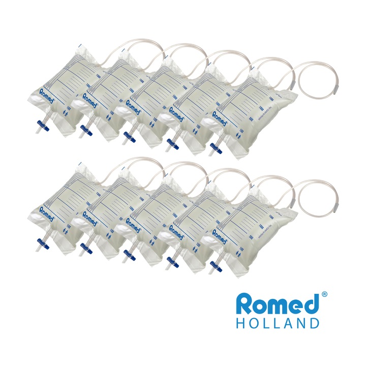 Set 10 saci colectori de urina ROMED, sterili, capacitate 2 L, cu valva de golire in T