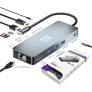 Hub Adaptor Multiport Justlink 11 in 1 USB-C 3.2 HDMI 4K@60Hz / DP 4K@60Hz / VGA 1080P@60Hz / RJ45 Ethernet 1000Mbps Gigabit / 3 x USB 3.2 / TF si SD Card Reader / 3.5-mm Jack Audio / PD Port 100W, Docking Station pentru Laptop, MacBook,, Telefon