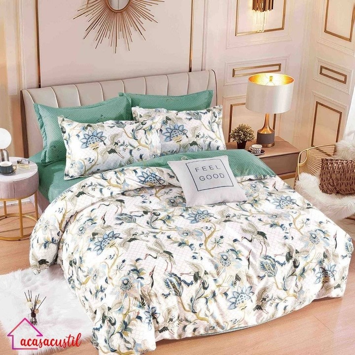 Lenjerie de pat din finet, 6 piese, model floral elegant, cearsaf cu elastic 180x200 cm, cearsaf pilota 200x220 cm, fete de perna 50x70 si 70x70 cm, verde cu crem