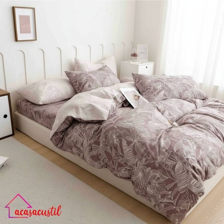 Finet ágyneműhuzat, 6 részes, botanikai mintával, kontúros trópusi levelekkel, gumis lepedő 180x200 cm, paplanhuzat 200x220 cm, párnahuzatok 50x70 és 70x70 cm, Púderrózsaszín