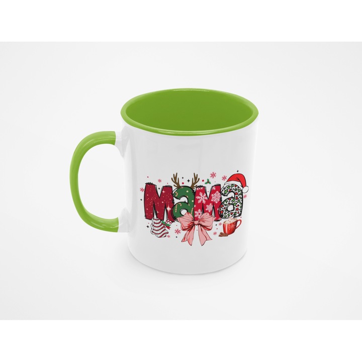 Cana alba personalizata, interior verde si maner verde, 350ml, Colectia Craciun, Text Mama, Model 11