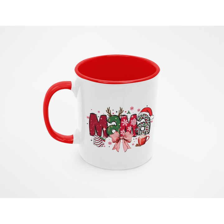 Cana alba personalizata, interior rosu si maner rosu, 350ml, Colectia Craciun, Text Mama, Model 11