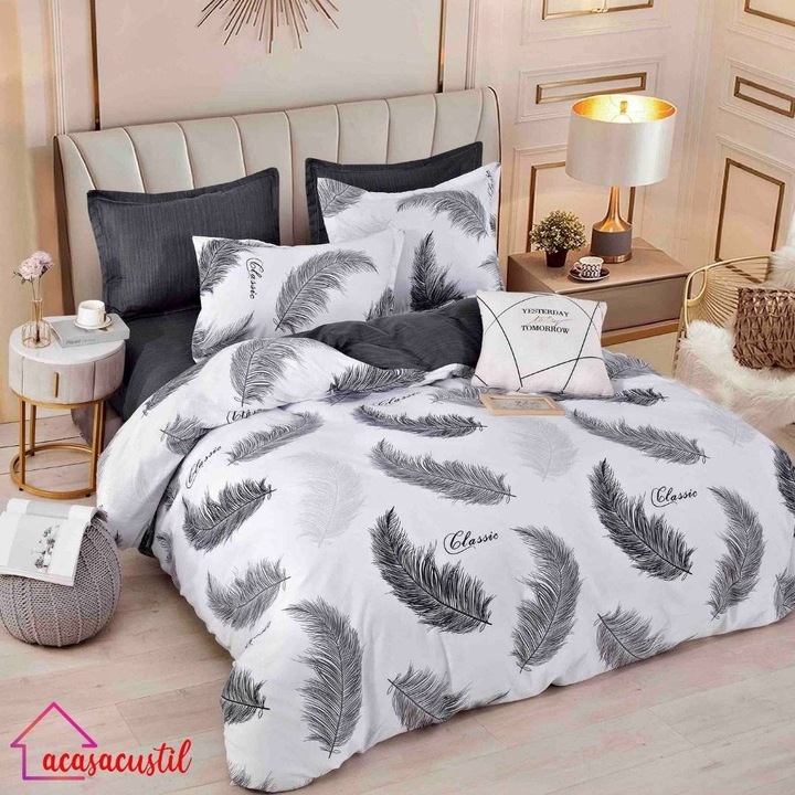 Lenjerie de pat din finet, 6 piese, model elegant cu pene "Classic", cearsaf cu elastic 180x200 cm, cearsaf pilota 200x220 cm, fete de perna 50x70 si 70x70 cm, Alb-Gri Antracit