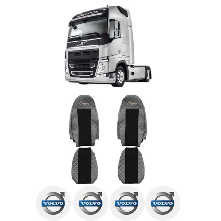 Set Huse Scaune Camion Tir VOLVO FM II din 2012-2017, Auto, Model ELEGANCE Q, Culoare Gri, 4x Stickere auto cu VOLVO