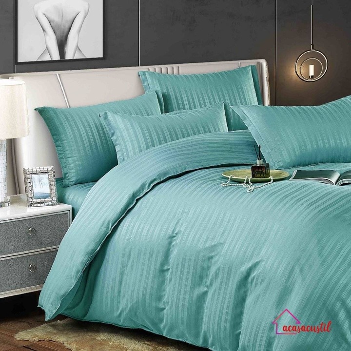 Lenjerie de Pat din Damasc, 6 Piese, Verde, Set Premium cu Fibra Naturala, Design Geometric Modern, Eleganta si Durabilitate