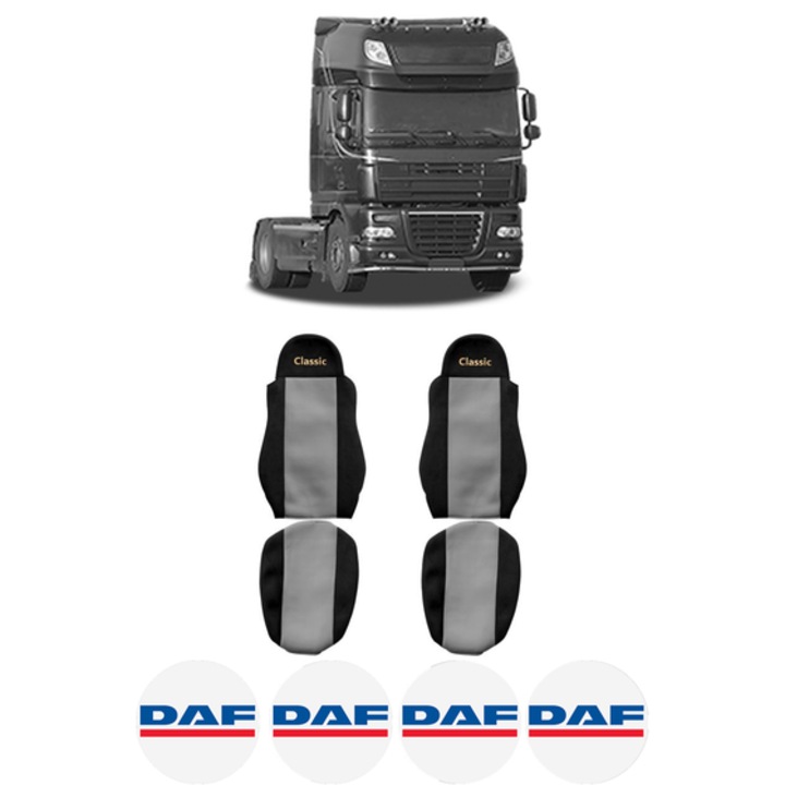 Set Huse Scaune Camion Tir DAF 95 XF din 1997-2002, Auto, Model CLASSIC, Culoare Gri, 4x Stickere auto cu DAF