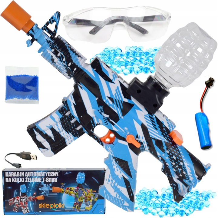 Set pistol de jucărie Skleplolki, mitralieră, 1000 bile gelatinoase, albastru/negru, 35x28x10 cm
