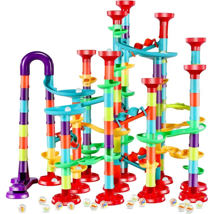 Set de constructie 197 piese, EOGRFW, traseu cu bile, 147 piese colorate, 50 bile de sticla