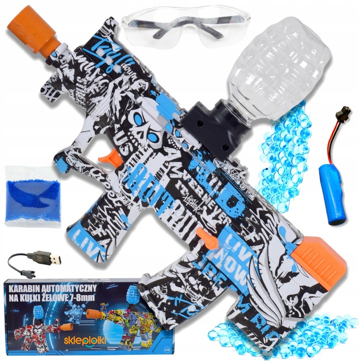 Set Pușcă de Jucărie cu Bile Gelatinoase, Skleplolki, 20m rază, 1000 bile, albastru/alb/negru, 35x28x10 cm