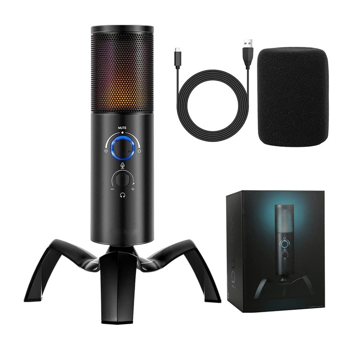 Microfon Gaming Profesional cu RGB Arteli, Condensator Dual Cardioid & Omnidirectional, Trepied Inclus, Control Volum, pentru Podcast si Streaming, Negru