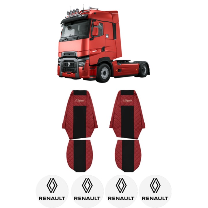 Set Huse Scaune Camion Tir RENAULT TRUCKS MAGNUM din 2004-2013, Auto, Model ELEGANCE Q, Culoare Rosu, 4x Stickere auto cu RENAULT TRUCKS