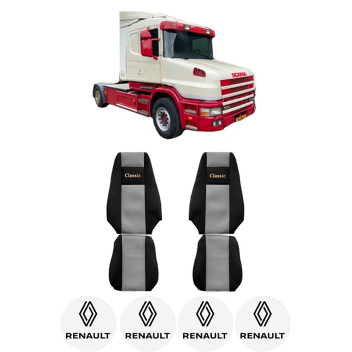 Set Huse Scaune Camion Tir RENAULT TRUCKS T din 2004-2019, Auto, Model CLASSIC, Culoare Gri, 4x Stickere auto cu RENAULT TRUCKS