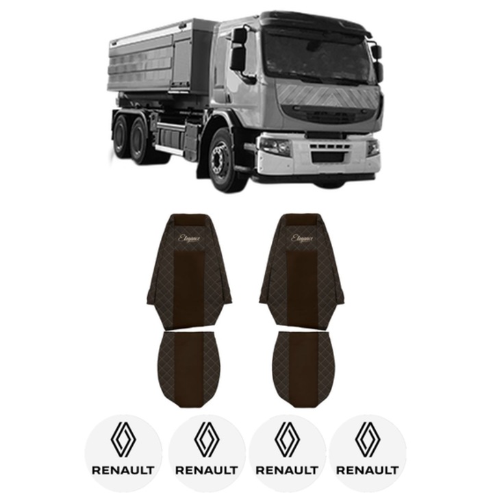 Set Huse Scaune Camion Tir RENAULT TRUCKS PREMIUM 2 din 2005-2009, Auto, Model ELEGANCE Q, Culoare Maro, 4x Stickere auto cu RENAULT TRUCKS