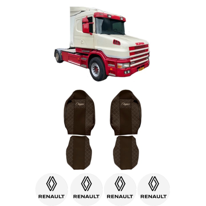 Set Huse Scaune Camion Tir RENAULT TRUCKS T din 2004-2019, Auto, Model ELEGANCE Q, Culoare Maro, 4x Stickere auto cu RENAULT TRUCKS