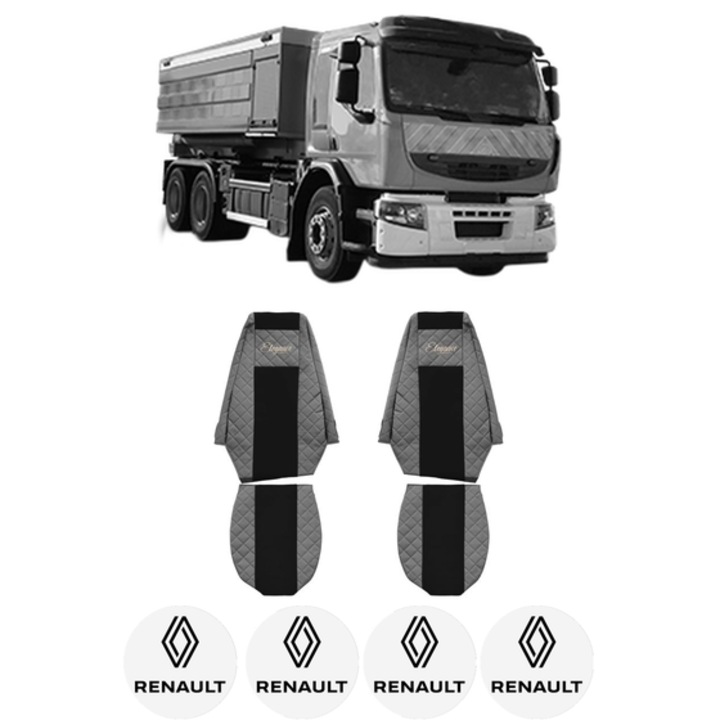 Set Huse Scaune Camion Tir RENAULT TRUCKS PREMIUM 2 din 2005-2009, Auto, Model ELEGANCE Q, Culoare Gri, 4x Stickere auto cu RENAULT TRUCKS