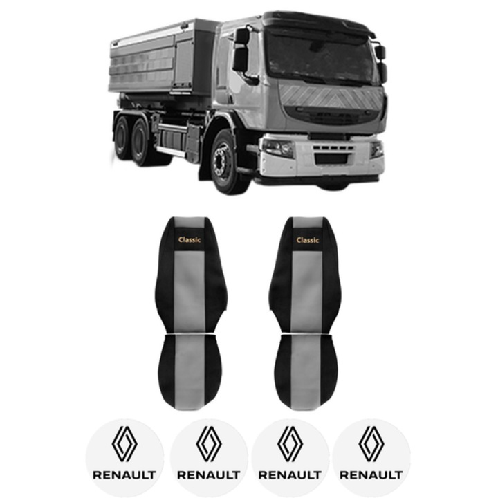 Set Huse Scaune Camion Tir RENAULT TRUCKS PREMIUM 2 din 2005-2009, Auto, Model CLASSIC, Culoare Gri, 4x Stickere auto cu RENAULT TRUCKS
