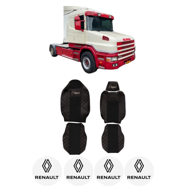 Set Huse Scaune Camion Tir RENAULT TRUCKS T din 2004-2019, Auto, Model ELEGANCE Q, Culoare Negru/Rosu, 4x Stickere auto cu RENAULT TRUCKS