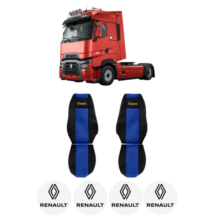 Set Huse Scaune Camion Tir RENAULT TRUCKS MAGNUM din 2004-2013, Auto, Model CLASSIC, Culoare Albastru, 4x Stickere auto cu RENAULT TRUCKS