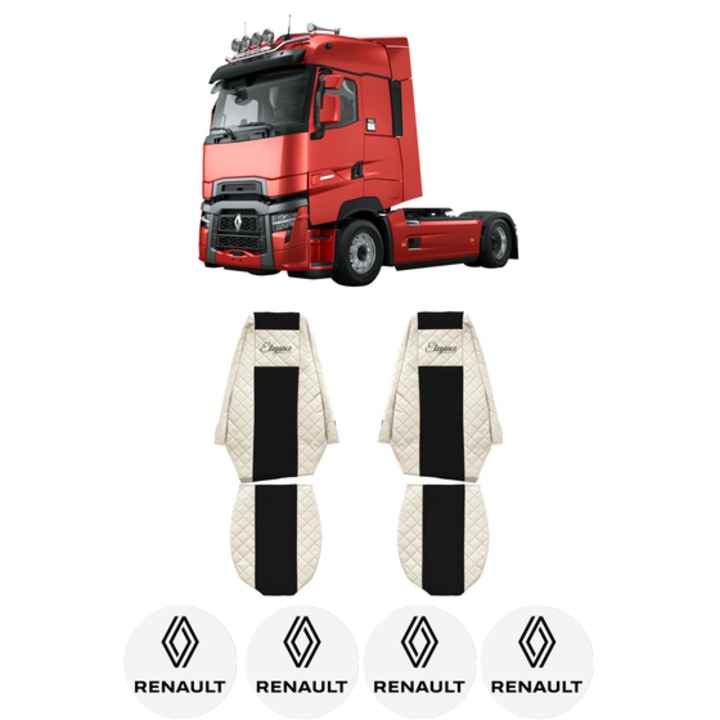 Set Huse Scaune Camion Tir RENAULT TRUCKS MAGNUM din 2004-2013, Auto, Model ELEGANCE Q, Culoare Bej, 4x Stickere auto cu RENAULT TRUCKS
