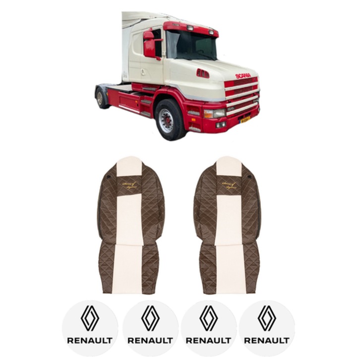 Set Huse Scaune Camion Tir RENAULT TRUCKS T din 2004-2019, Auto, Model ELEGANCE Q, Culoare Bej, 4x Stickere auto cu RENAULT TRUCKS