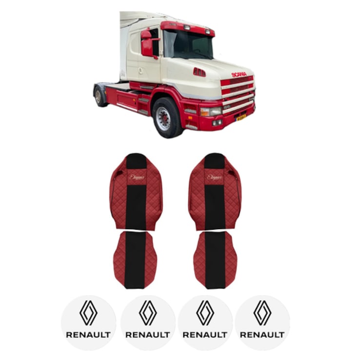 Set Huse Scaune Camion Tir RENAULT TRUCKS T din 2004-2019, Auto, Model ELEGANCE Q, Culoare Rosu, 4x Stickere auto cu RENAULT TRUCKS