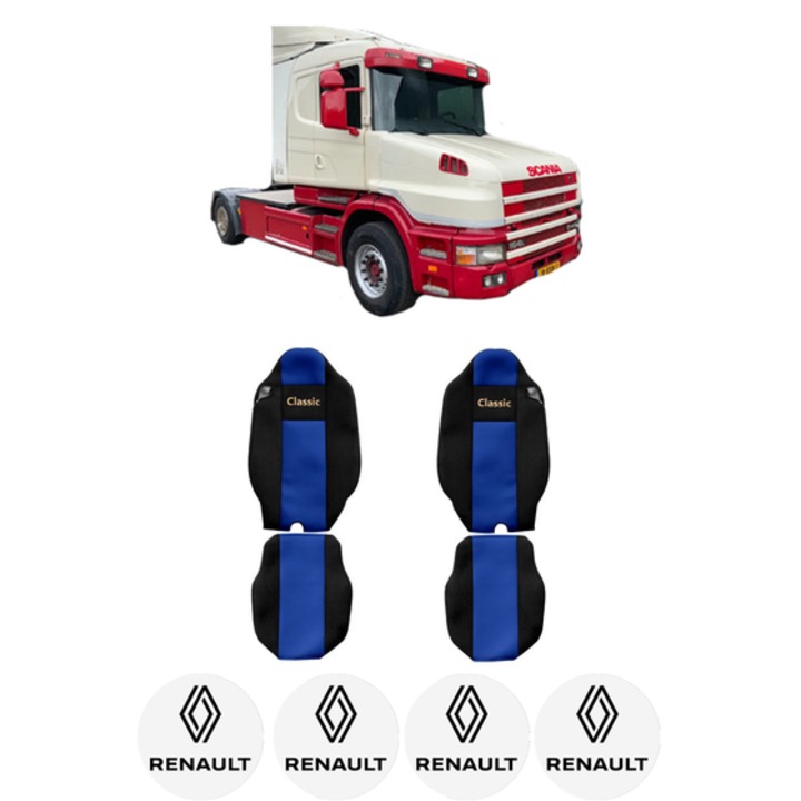 Set Huse Scaune Camion Tir RENAULT TRUCKS T din 2004-2019, Auto, Model CLASSIC, Culoare Albastru, 4x Stickere auto cu RENAULT TRUCKS